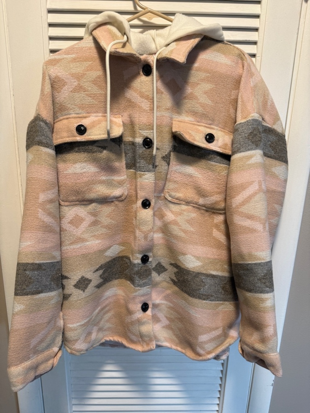 No Boundaries Hooded Aztec Shacket - Pink, Cream & Gray